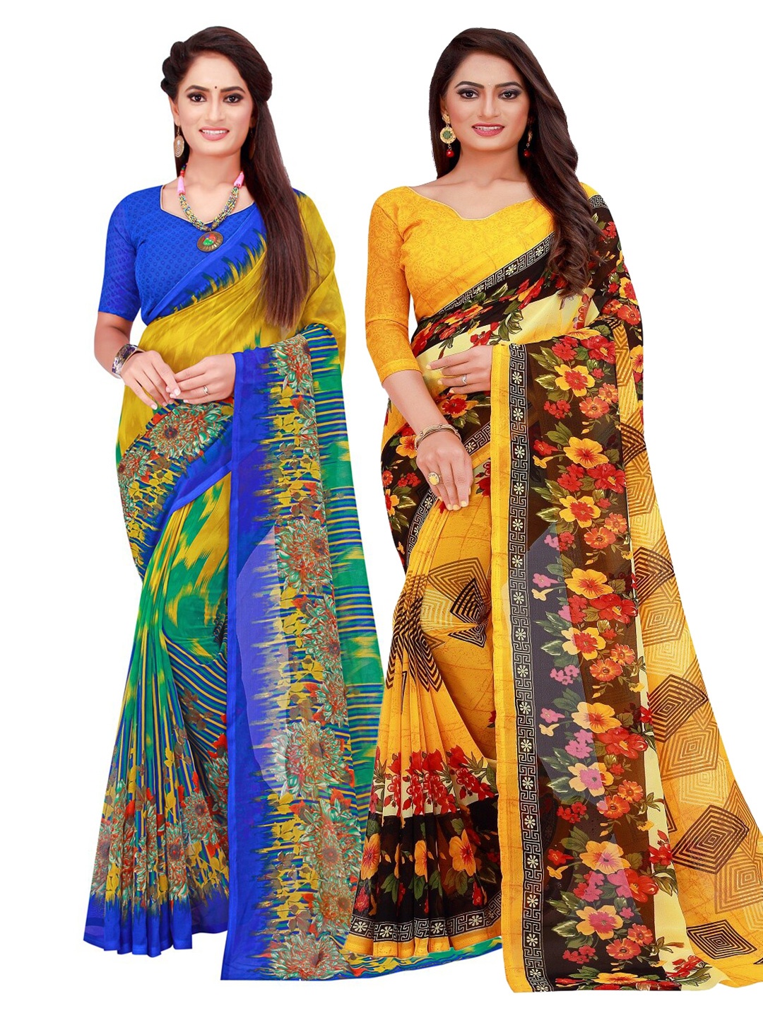 

KALINI Pack of 2 Yellow & Blue Floral Printed Pure Georgette Saree
