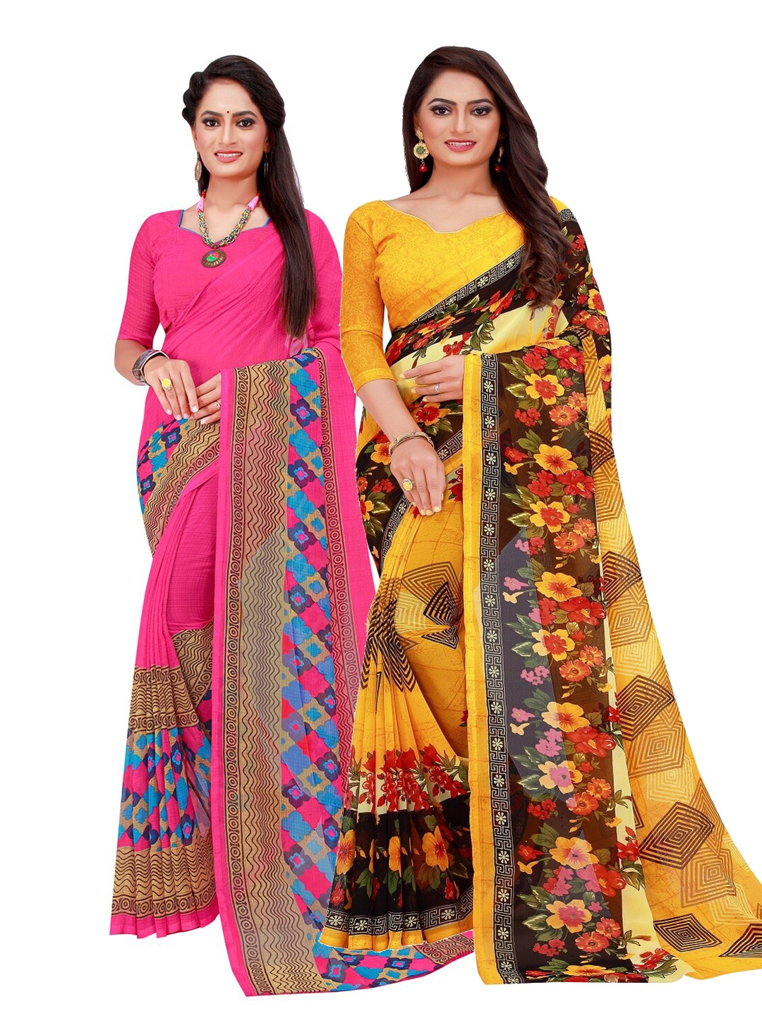 

KALINI Pack of 2 Pink & Yellow Floral Pure Georgette Sarees