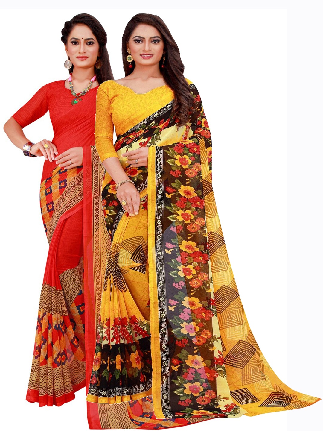 

KALINI Pack of 2 Red & Yellow Floral Pure Georgette Sarees