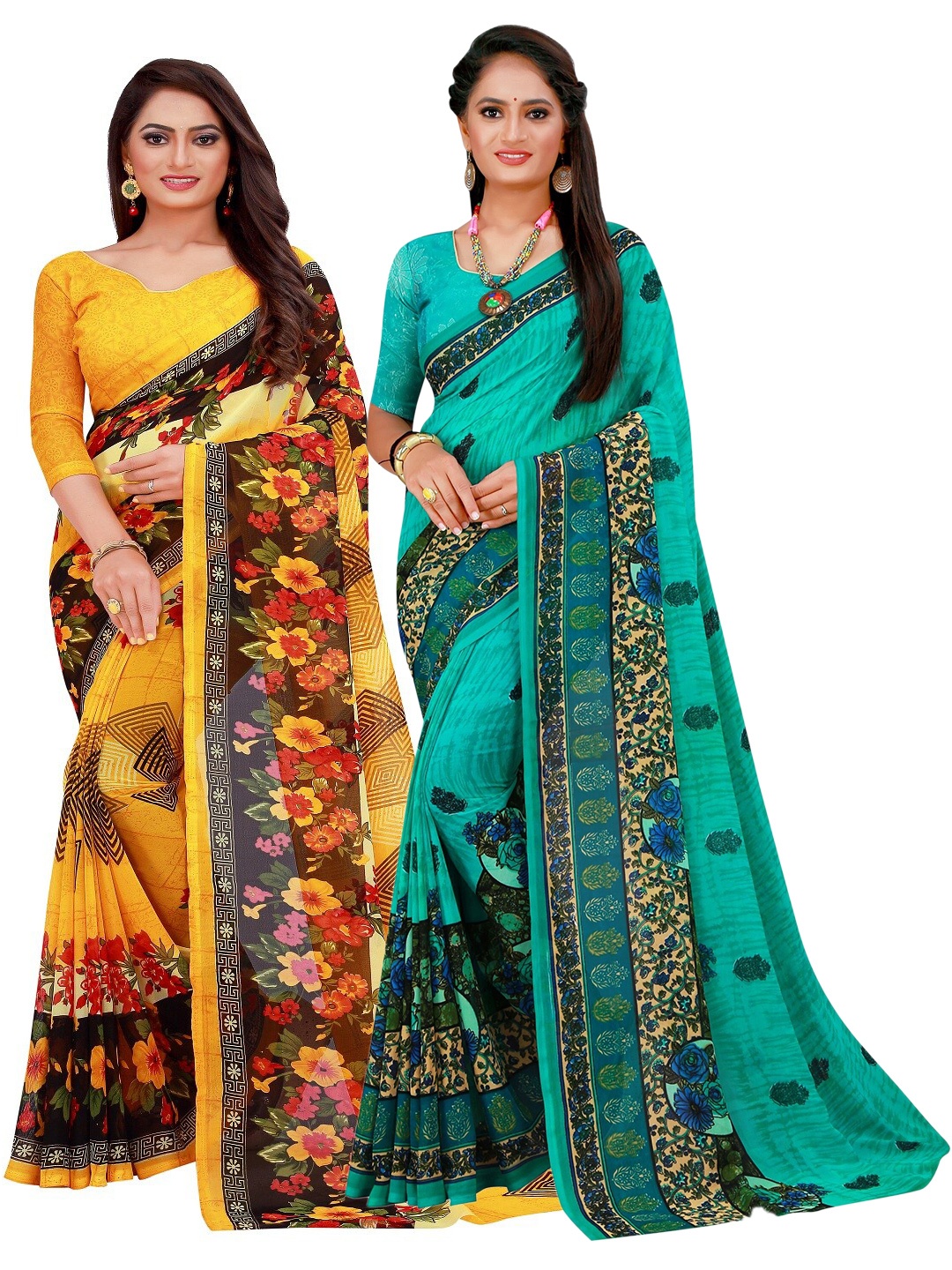 

KALINI Pack of 2 Yellow & Green Floral Pure Georgette Sarees