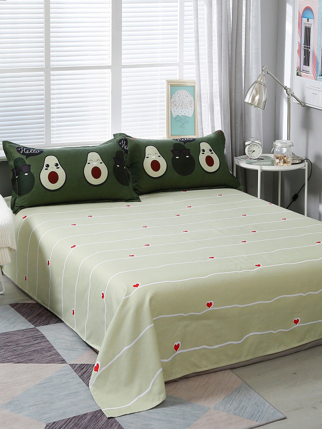 

JC HOME Green & White Printed Bedding Set