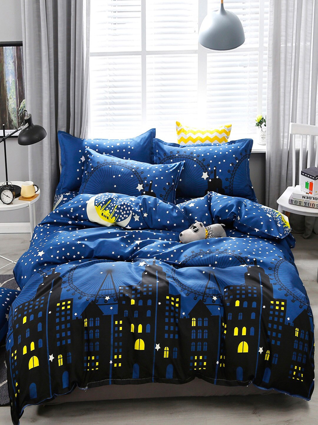 

JC HOME Blue Printed Double King Bedding Set