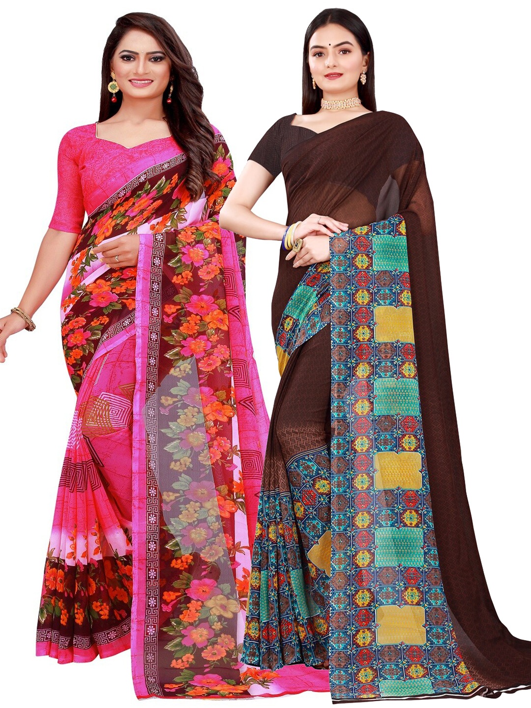 

KALINI Pink & Brown Set Of 2 Floral Pure Georgette Saree