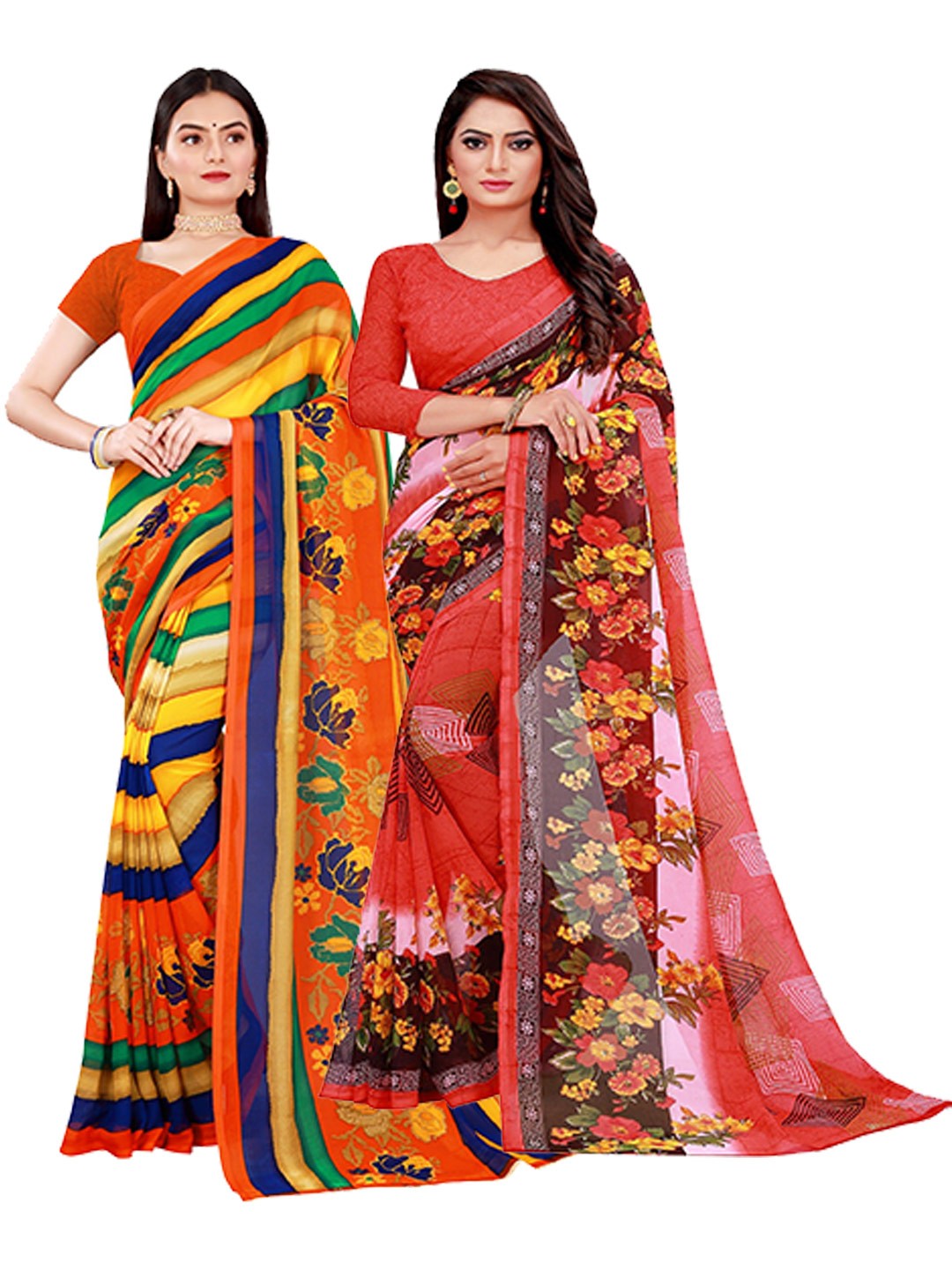

KALINI Pink & Orange Set of 2 Floral Printed Georgette Saree