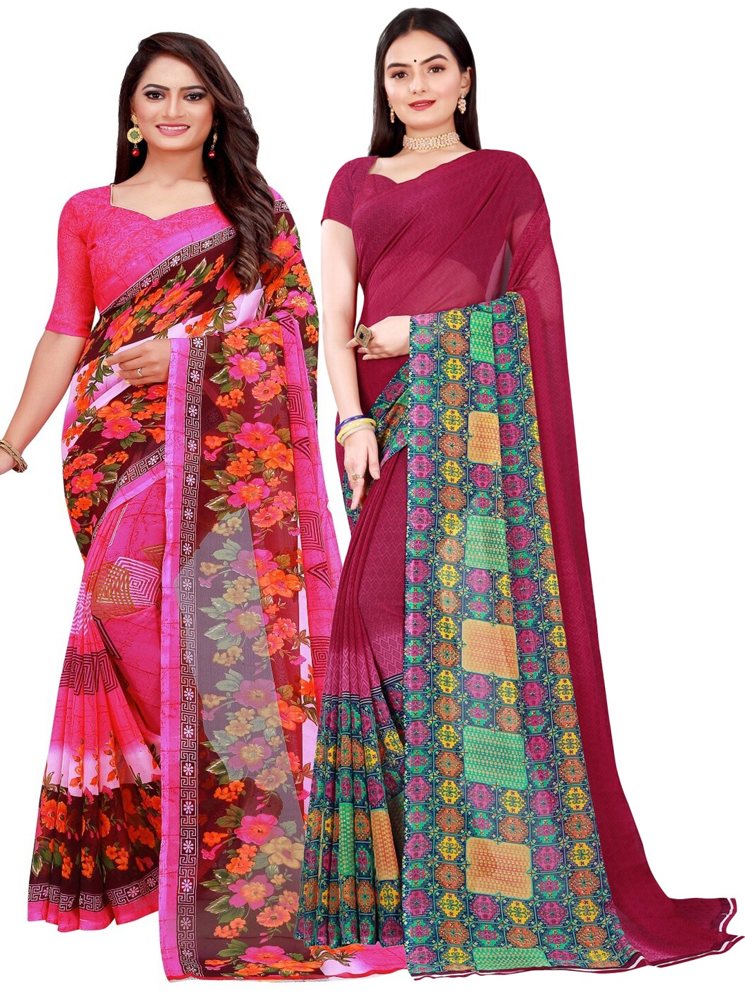 

KALINI Pink & Maroon Floral Printed Pure Georgette Saree Pack Of 2