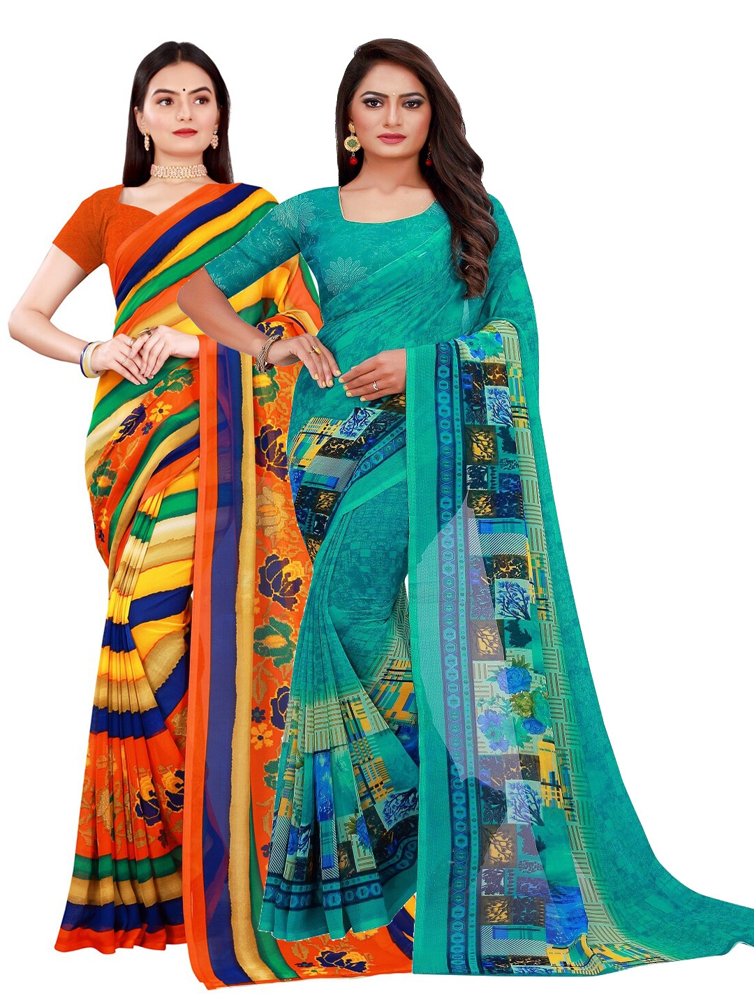 

KALINI Pack of 2 Green & Orange Pure Georgette Sarees