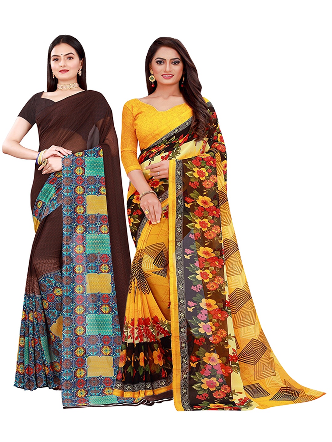 

KALINI Pack Of 2 Yellow & Brown Pure Georgette Saree