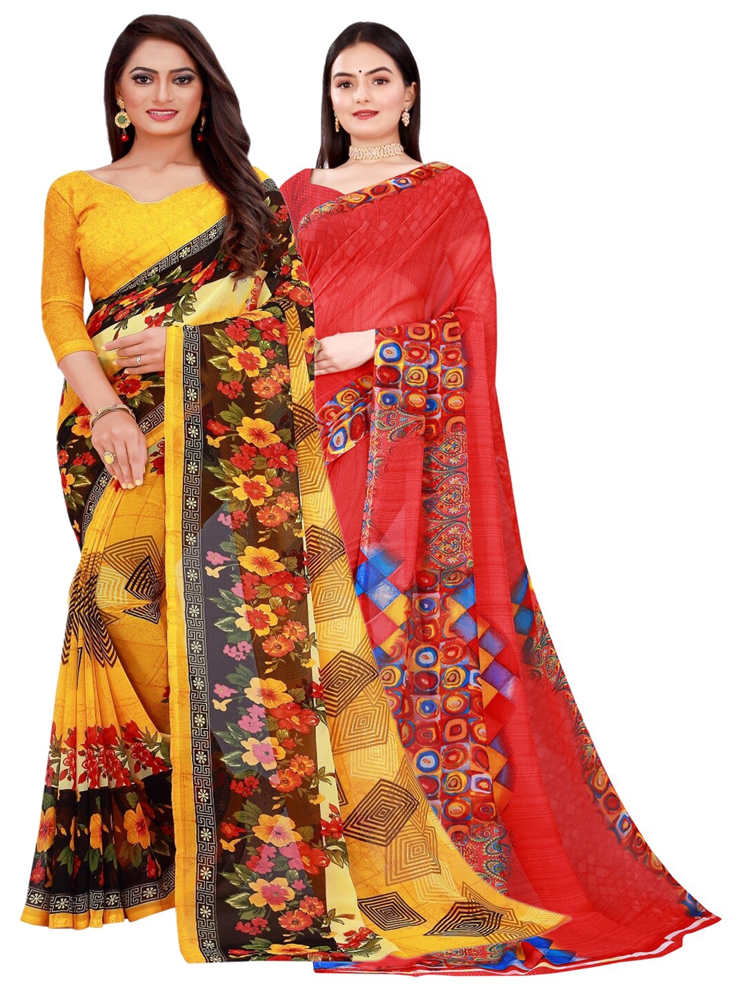 

KALINI Yellow & Red Set of 2 Floral Printed Georgette Saree