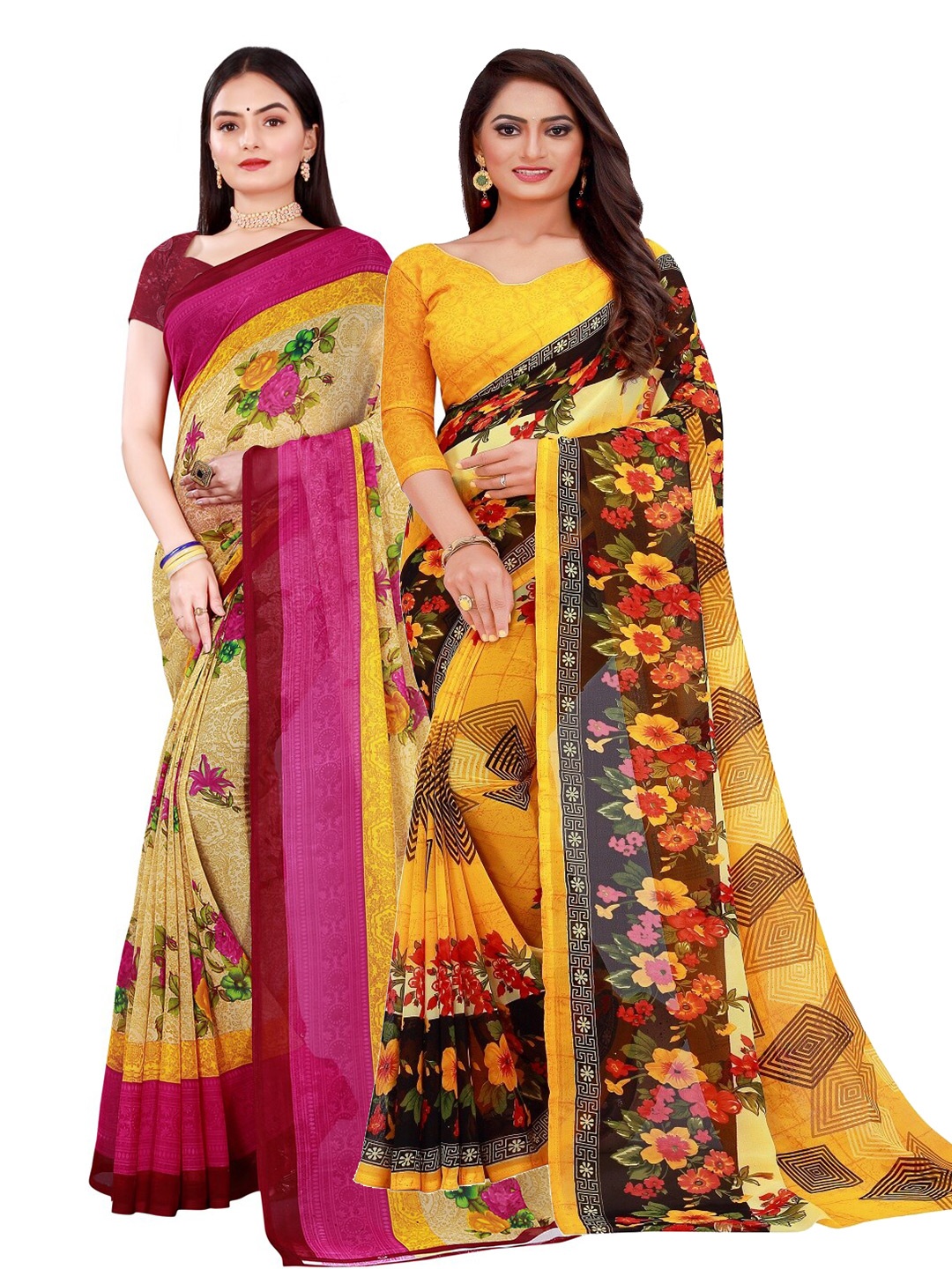 

KALINI Yellow & Pink Set Of 2 Floral Pure Georgette Saree