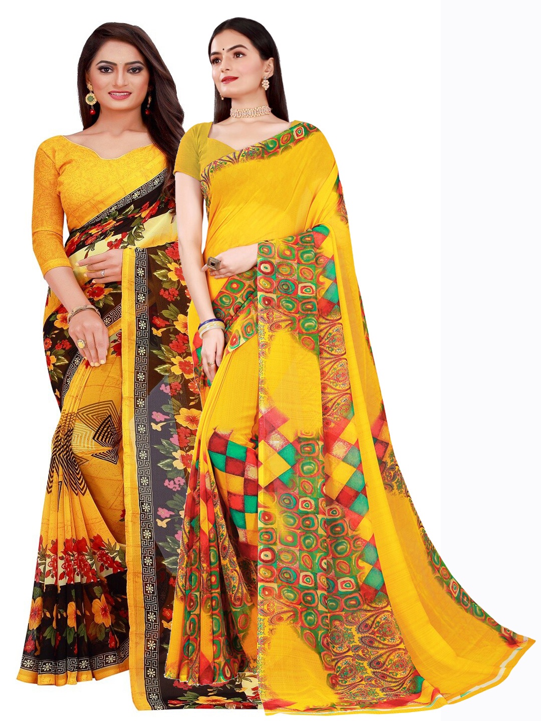 

KALINI Yellow & Green Set Of 2 Floral Pure Georgette Saree