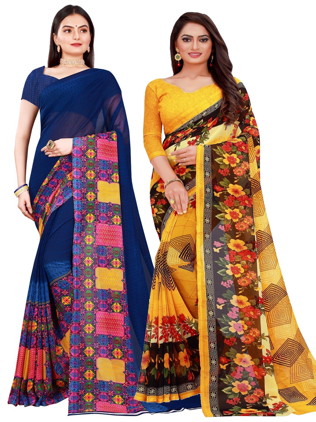 

KALINI Yellow & Navy Blue Set Of 2 Floral Pure Georgette Saree