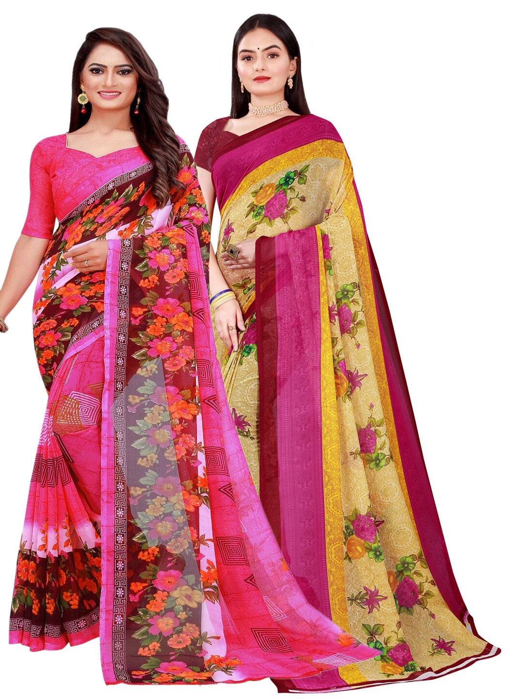 

KALINI Pack of 2 Printed Pure Georgette Sarees, Pink