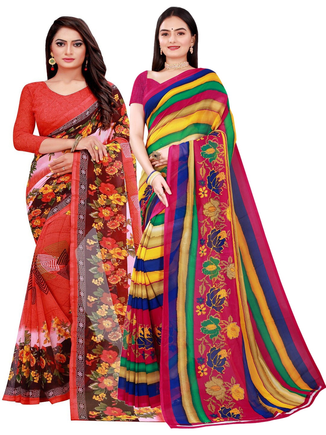 

KALINI Pack of 2 Orange & Yellow Floral Pure Georgette Sarees