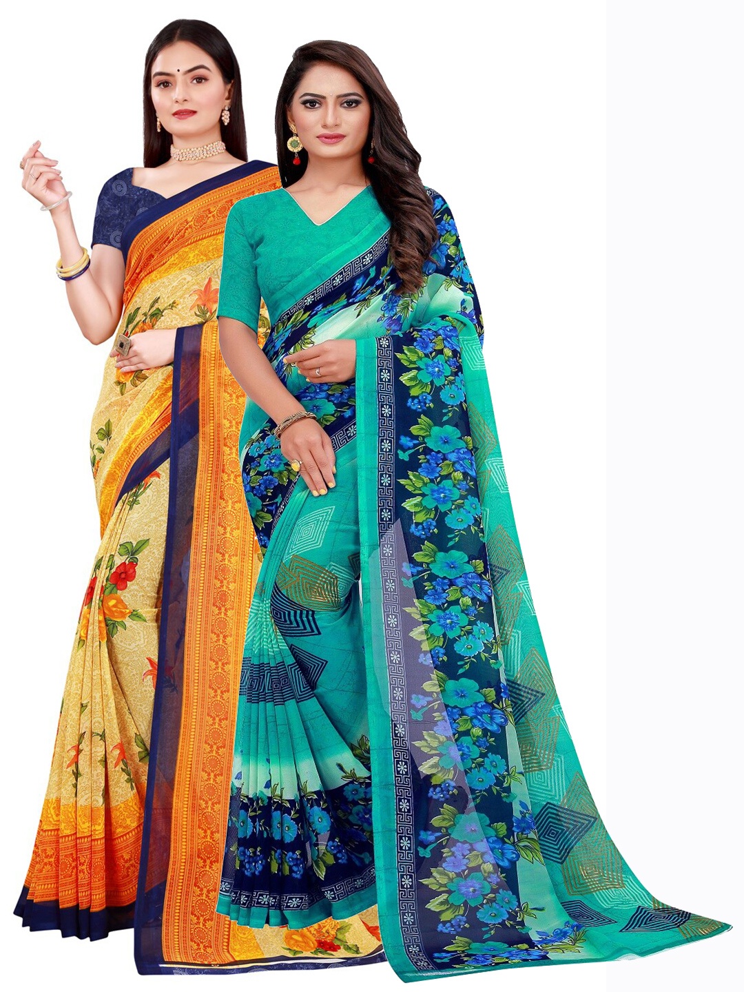

KALINI Pack of 2 Green & Navy Blue Floral Printed Pure Georgette Saree