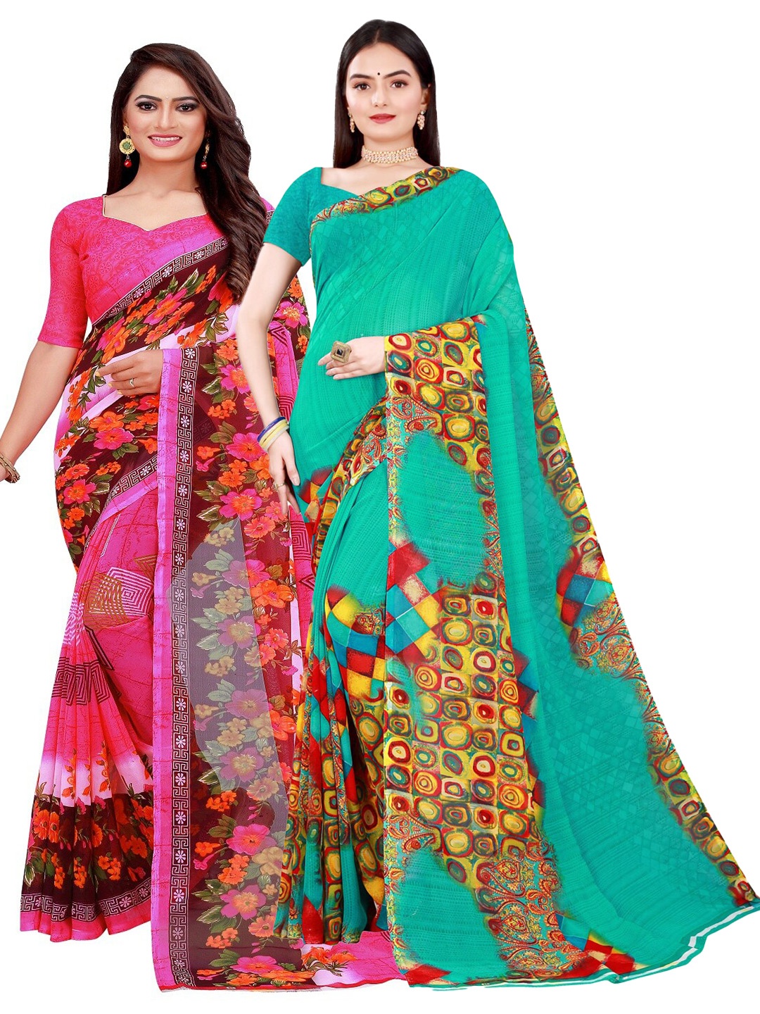 

KALINI Pack of 2 Printed Pure Georgette Sarees, Pink