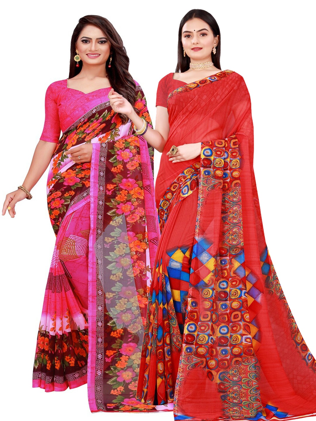

KALINI Pink & Red Floral Printed Pure Georgette Saree Pack Of 2
