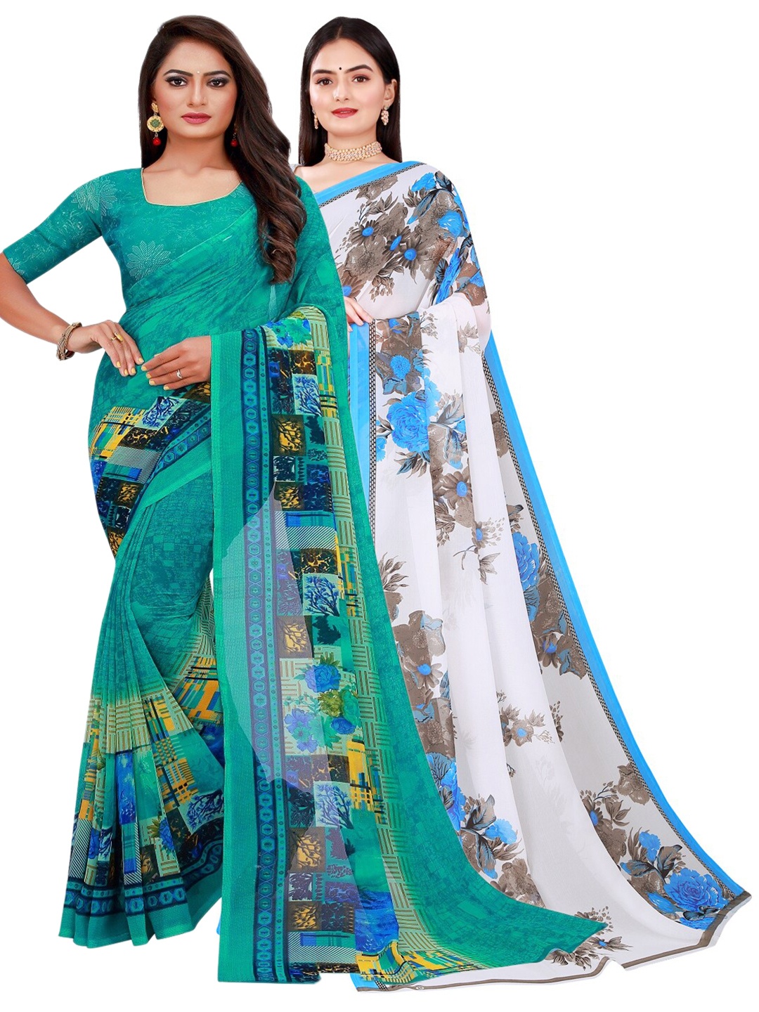 

KALINI Pack Of 2 Green & White Pure Georgette Saree