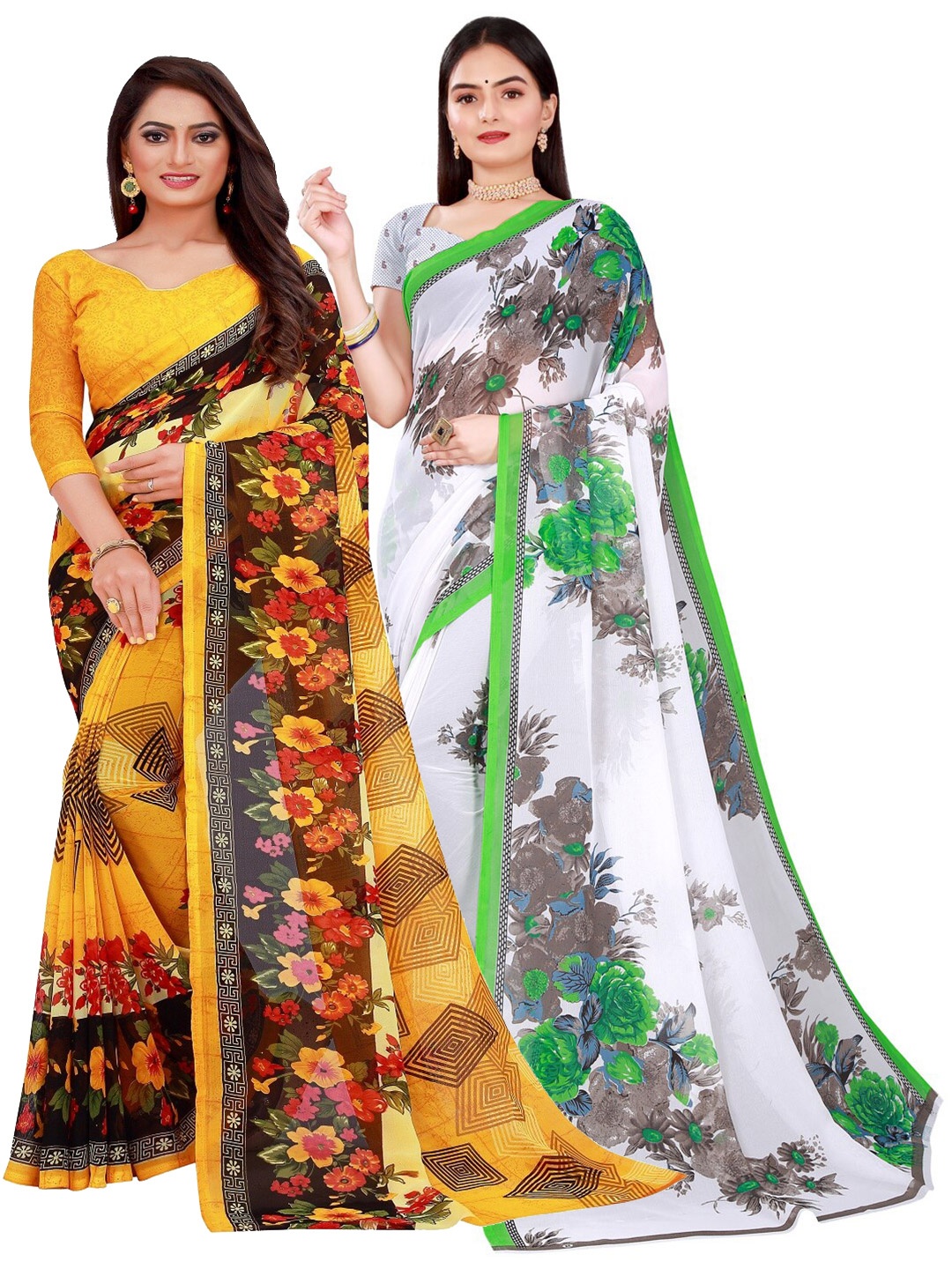 

KALINI Pack Of 2 Yellow & White Floral Pure Georgette Saree