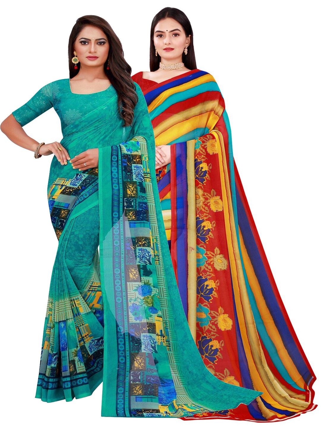 

KALINI Pack of 2 Green & Red Pure Georgette Sarees