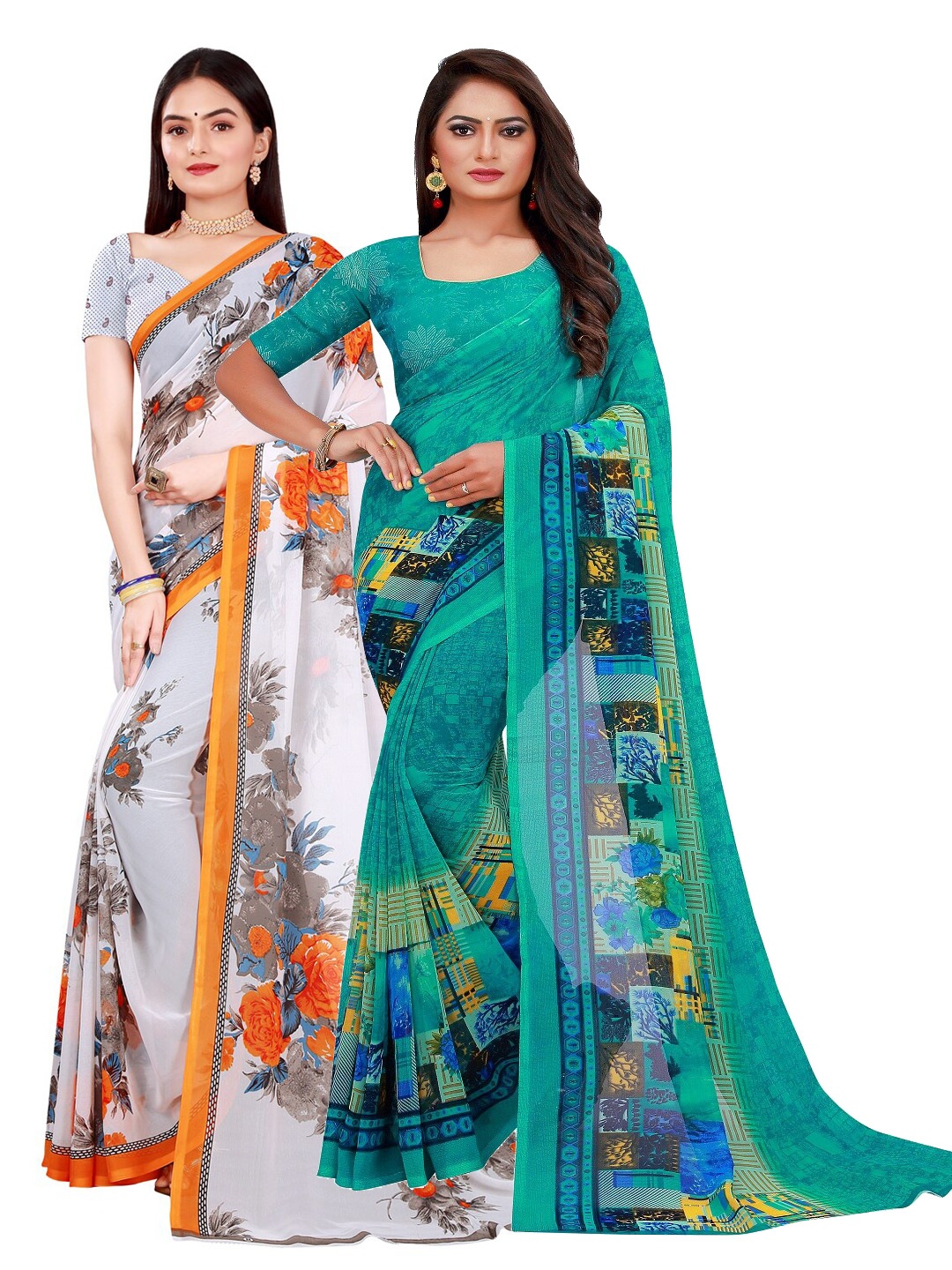 

KALINI Pack of 2 Green & Grey Floral Pure Georgette Sarees