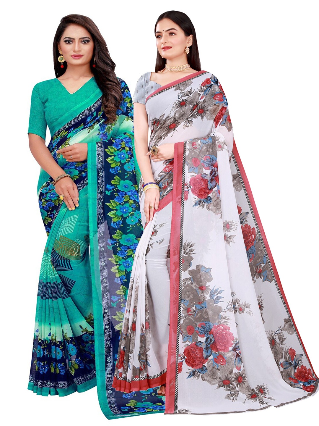 

KALINI Pack of 2 Printed Pure Georgette Sarees, Teal