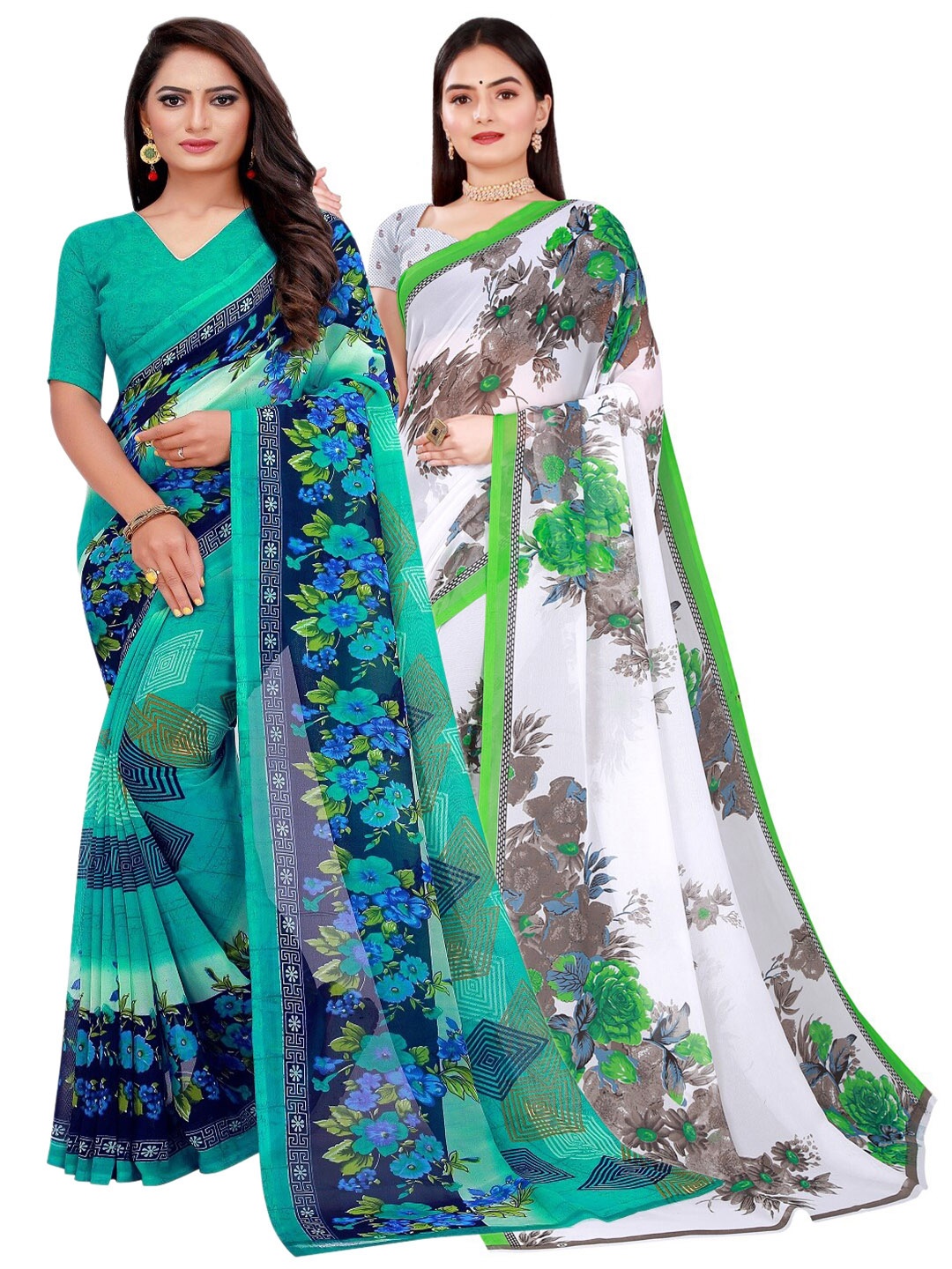 

KALINI Pack Of 2 Green & White Floral Pure Georgette Saree