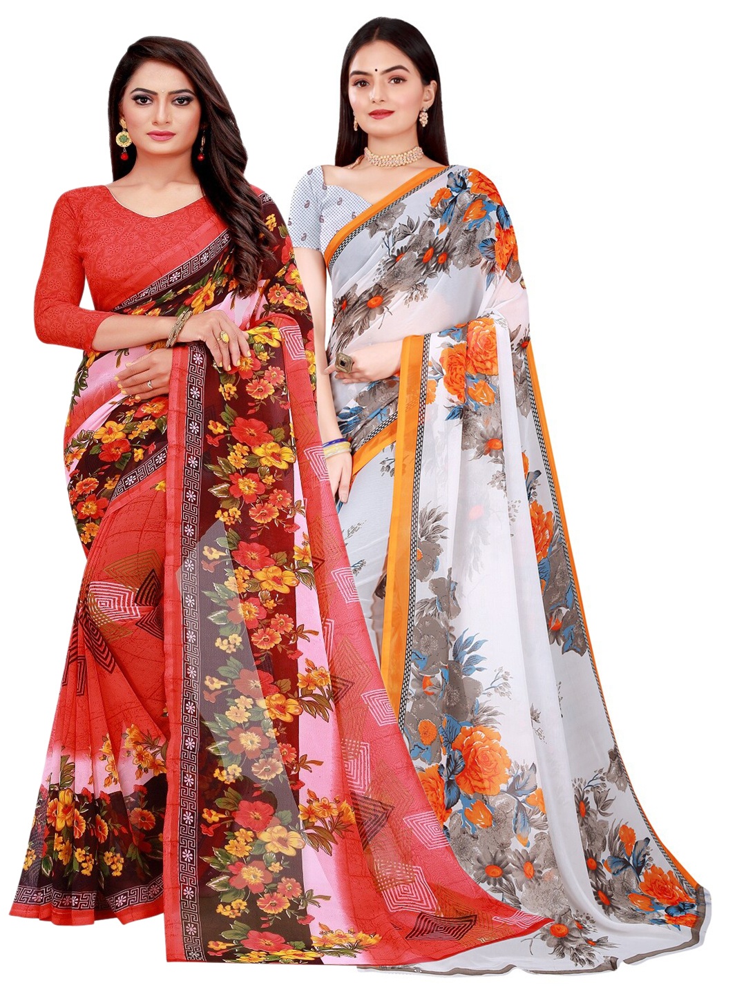 

KALINI Pink & White Set Of 2 Floral Pure Georgette Saree