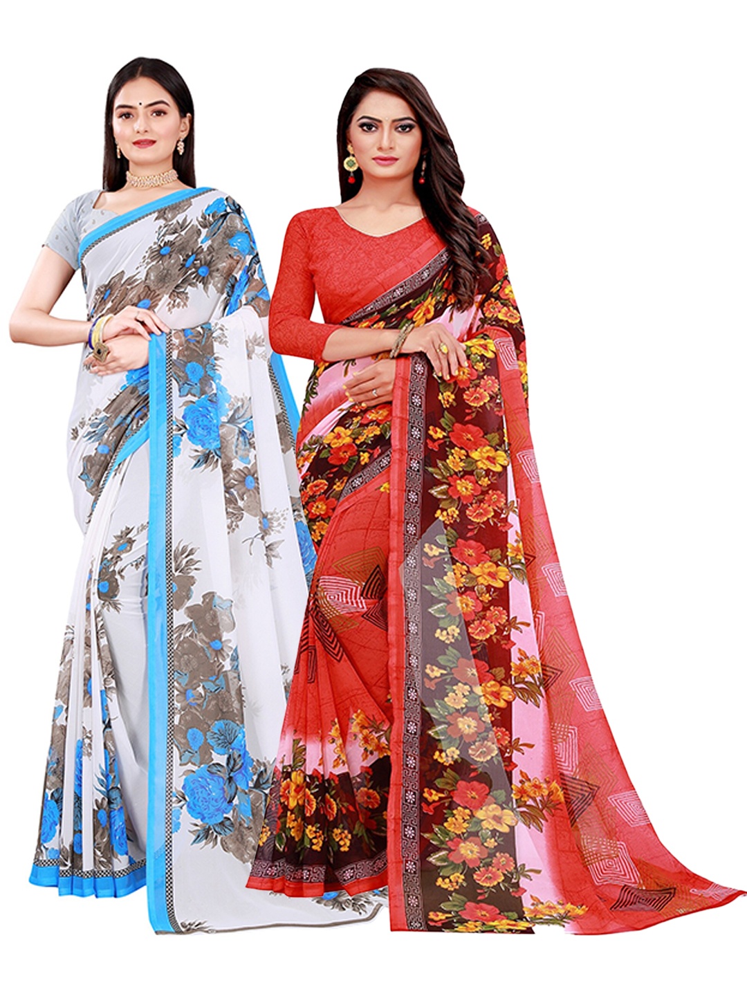 

KALINI Pink & White Set of 2 Floral Printed Georgette Saree