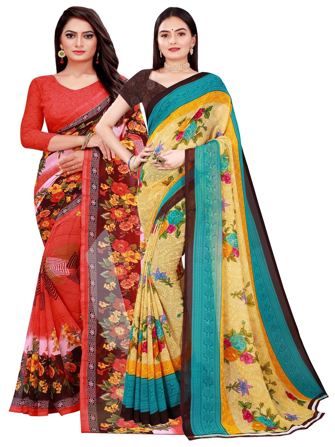 

KALINI Peach-Coloured & Beige Floral Printed Pure Georgette Saree Pack Of 2