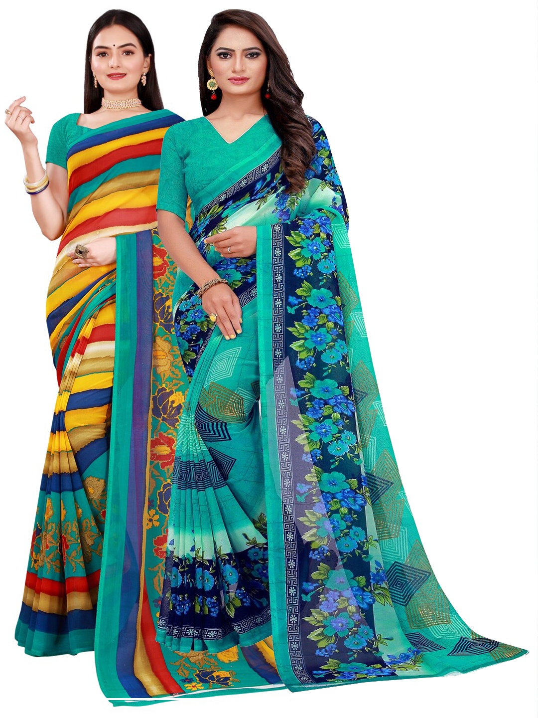 

KALINI Pack Of 2 Green & Yellow Pure Georgette Saree