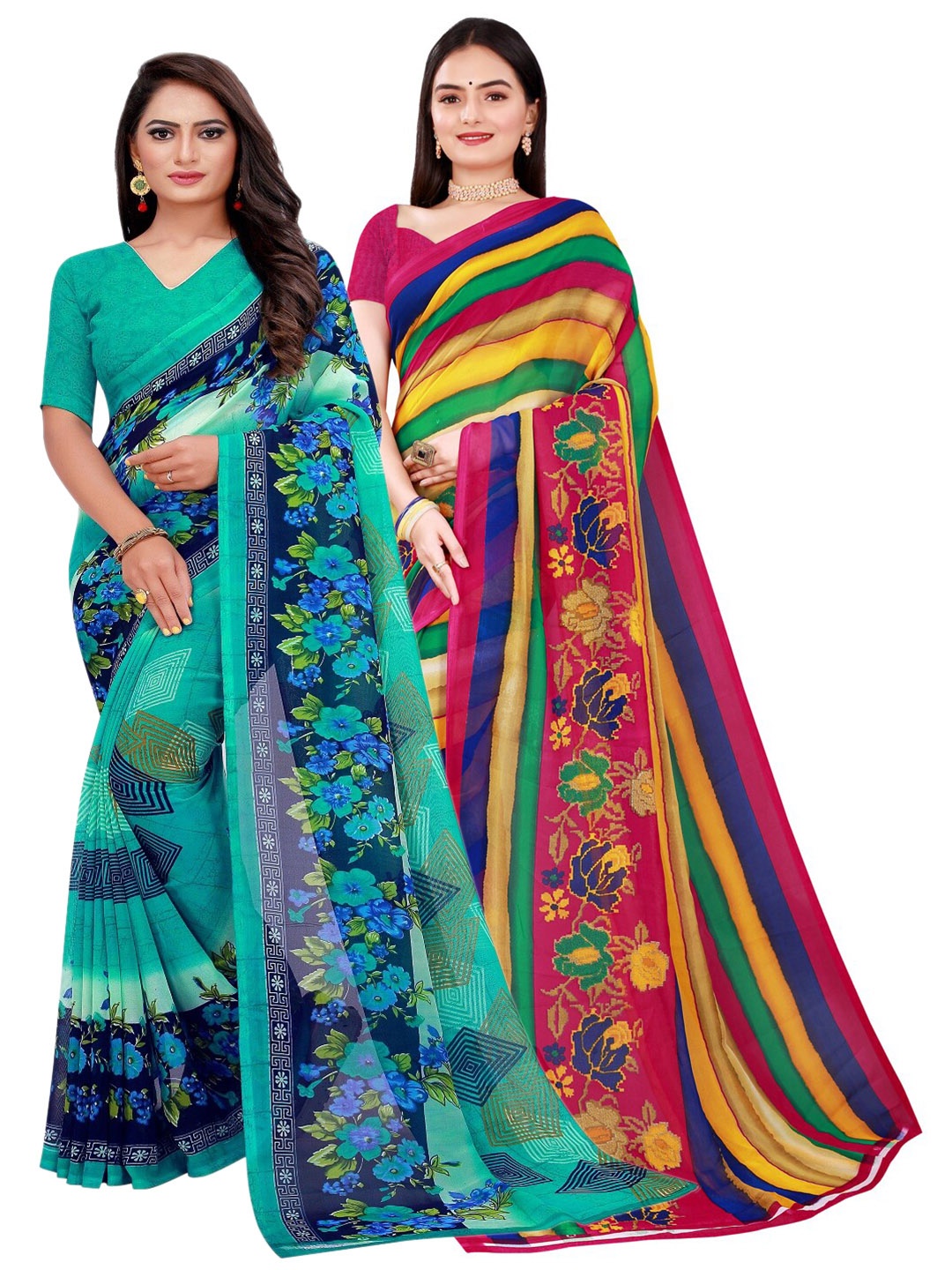 

KALINI Sea Green & Pink Floral Printed Pure Georgette Saree Pack Of 2