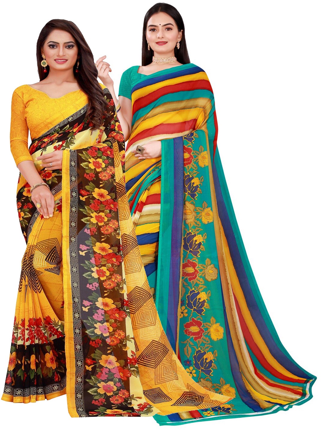 

KALINI Yellow & Blue Set Of 2 Floral Pure Georgette Saree