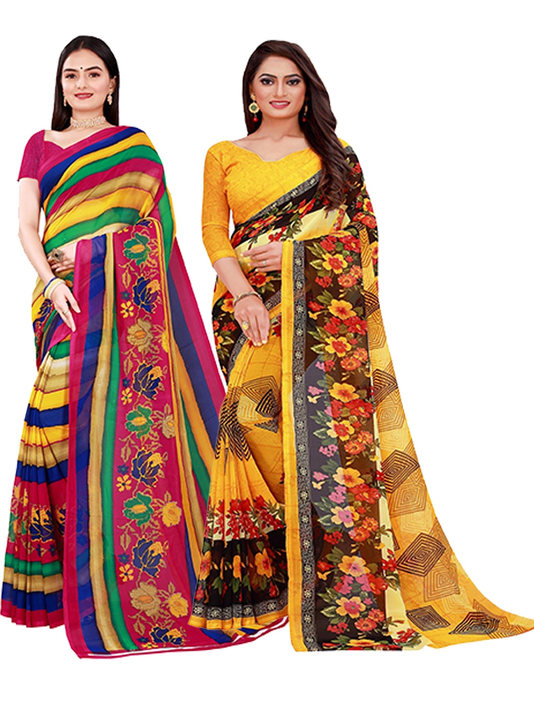 

KALINI Pack of 2 Printed Pure Georgette Sarees, Yellow