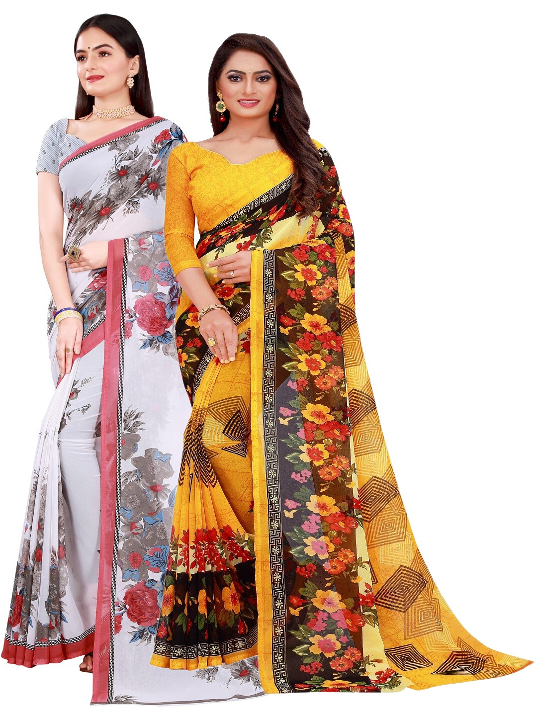 

KALINI Pack Of 2 Yellow & Pink Pure Georgette Saree