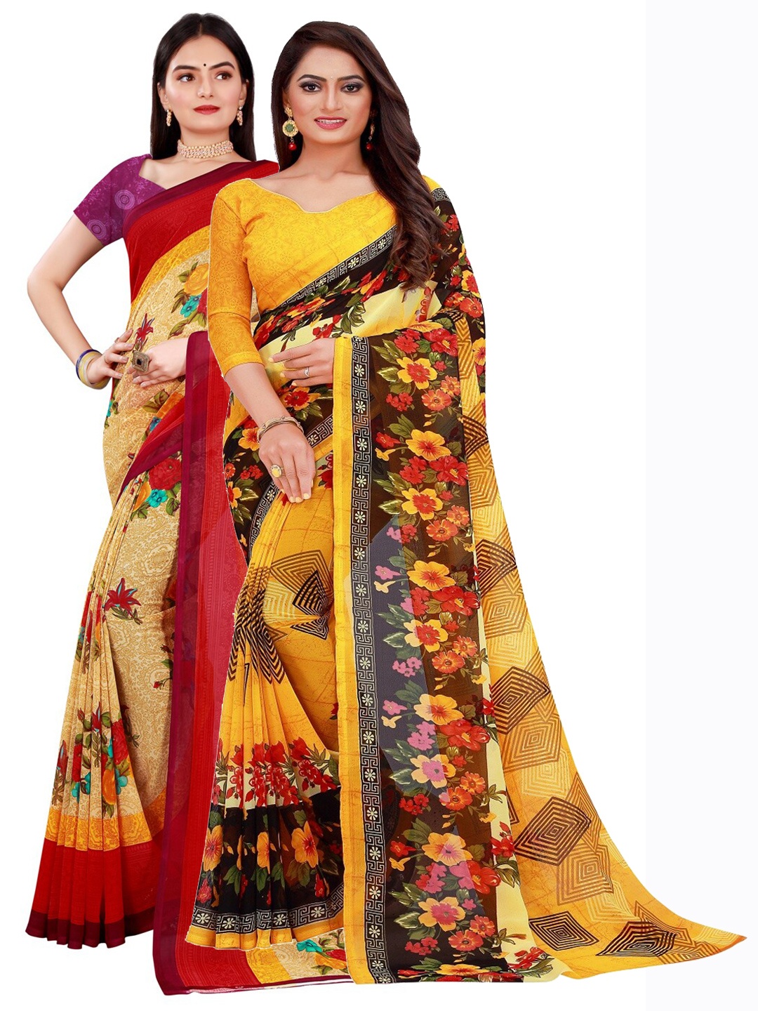 

KALINI Pack of 2 Yellow & Cream-Coloured Floral Pure Georgette Sarees