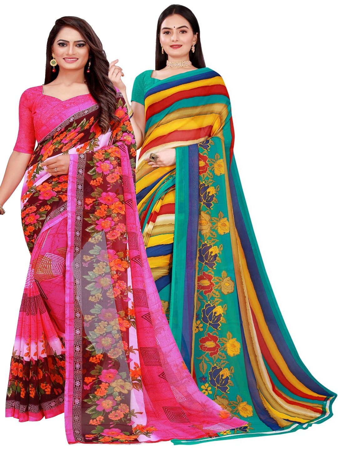 

KALINI Pink & Green Floral Printed Pure Georgette Saree Pack Of 2