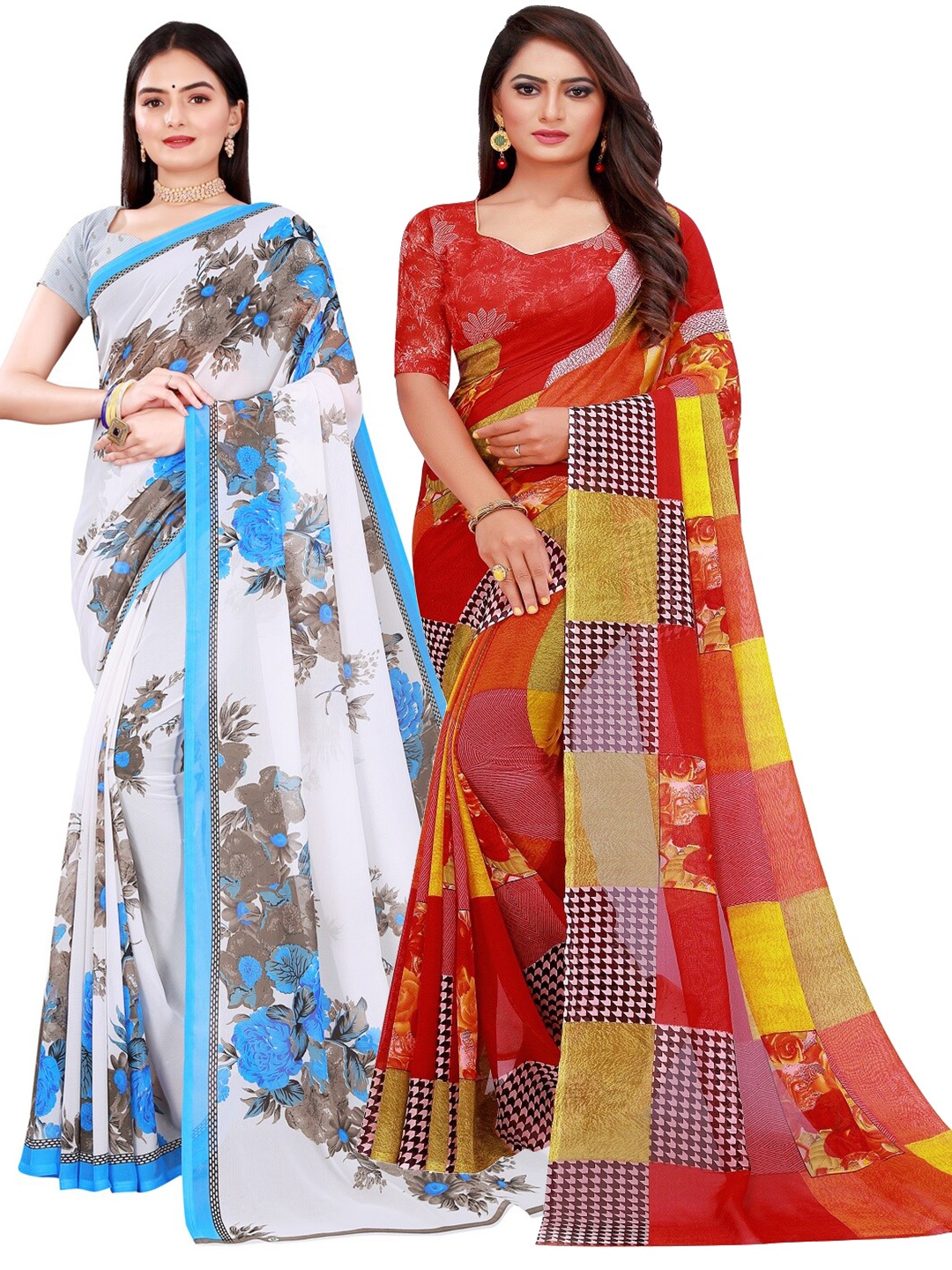 

KALINI Pack of 2 Printed Pure Georgette Sarees, Red