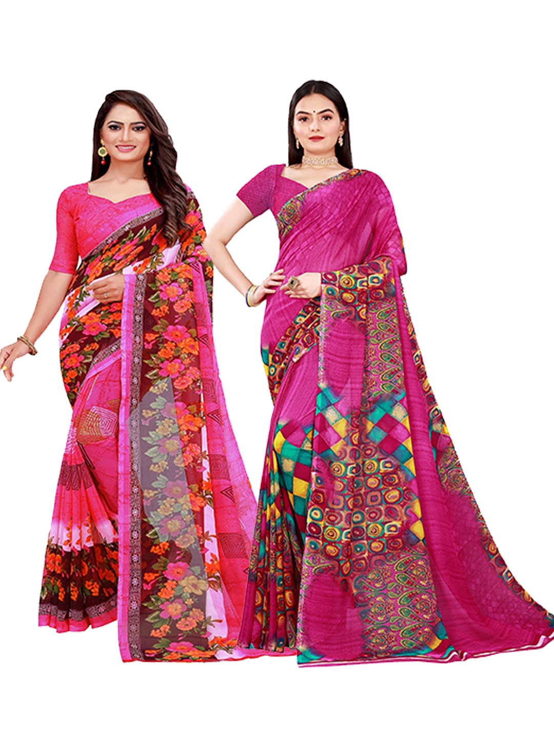 

KALINI Pack Of 2 Pink & Yellow Pure Georgette Saree