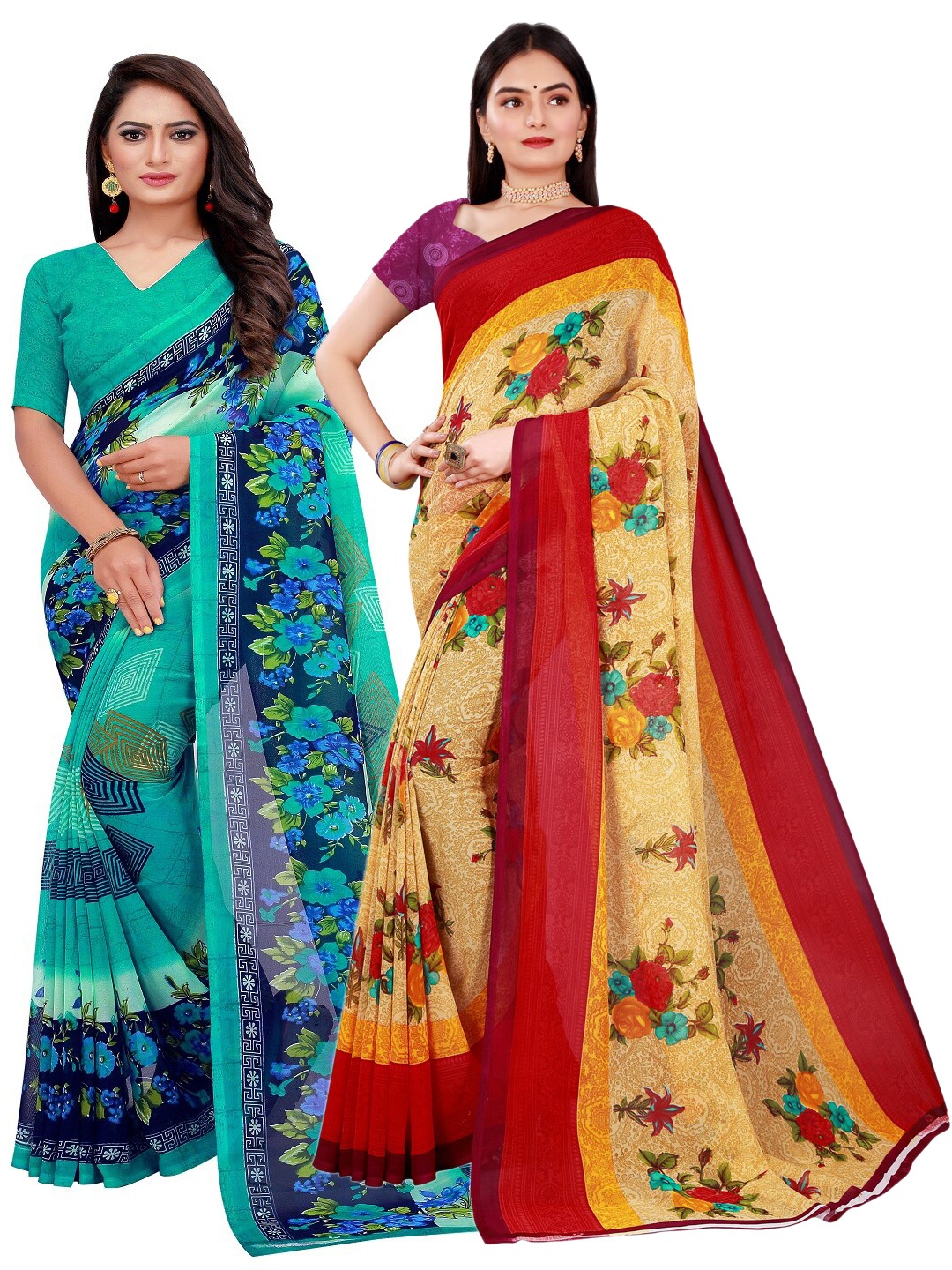 

KALINI Green & Beige Set Of 2 Floral Pure Georgette Saree