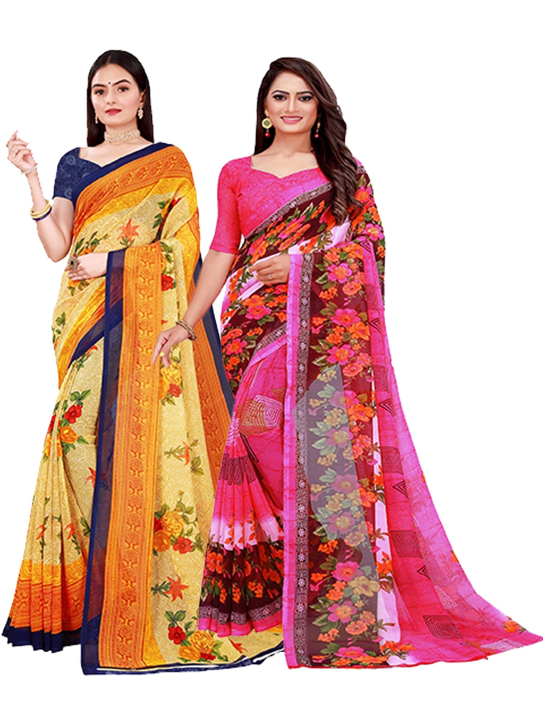 

KALINI Pink & Navy Blue Set Of 2 Floral Pure Georgette Saree