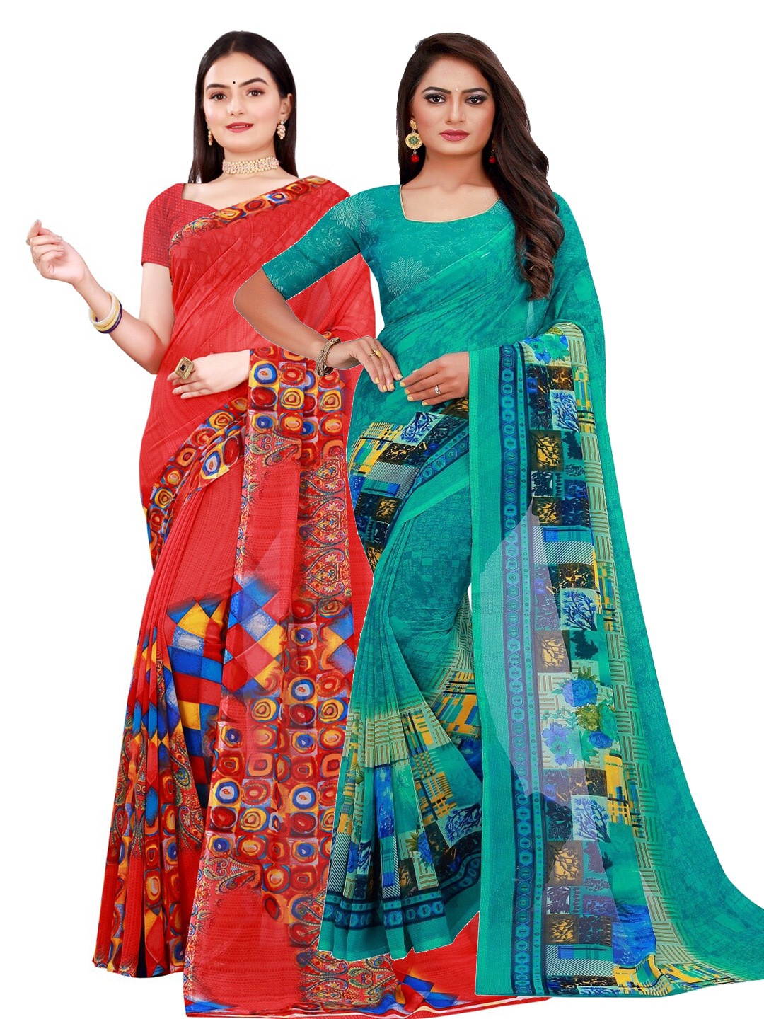 

KALINI Green & Red Set Of 2 Floral Pure Georgette Saree