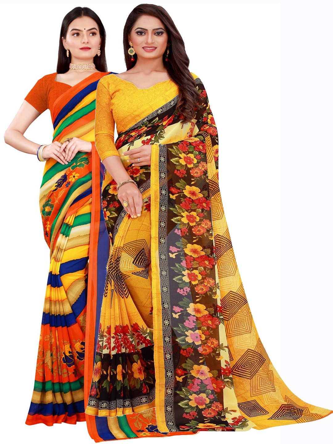 

KALINI Pack of 2 Yellow & Orange Pure Georgette Sarees