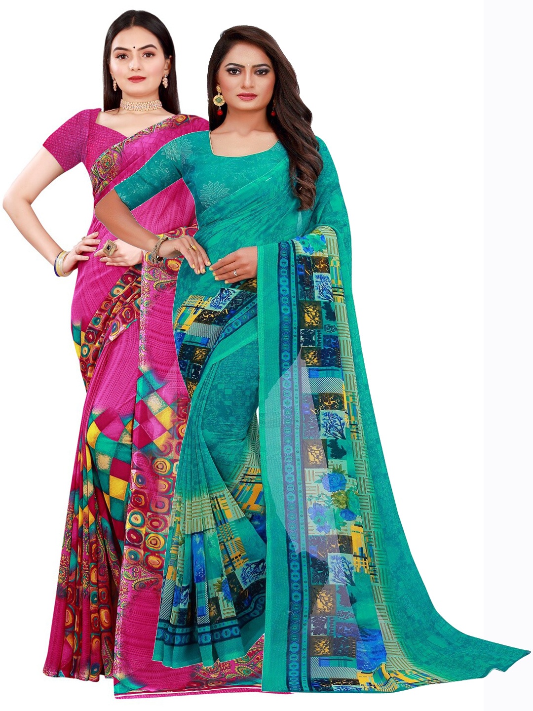 

KALINI Sea Green & Pink Floral Printed Pure Georgette Saree Pack Of 2