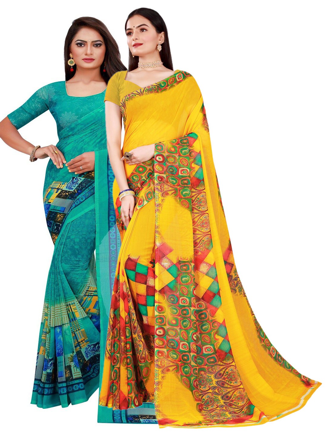 

KALINI Pack Of 2 Green & Yellow Pure Georgette Saree