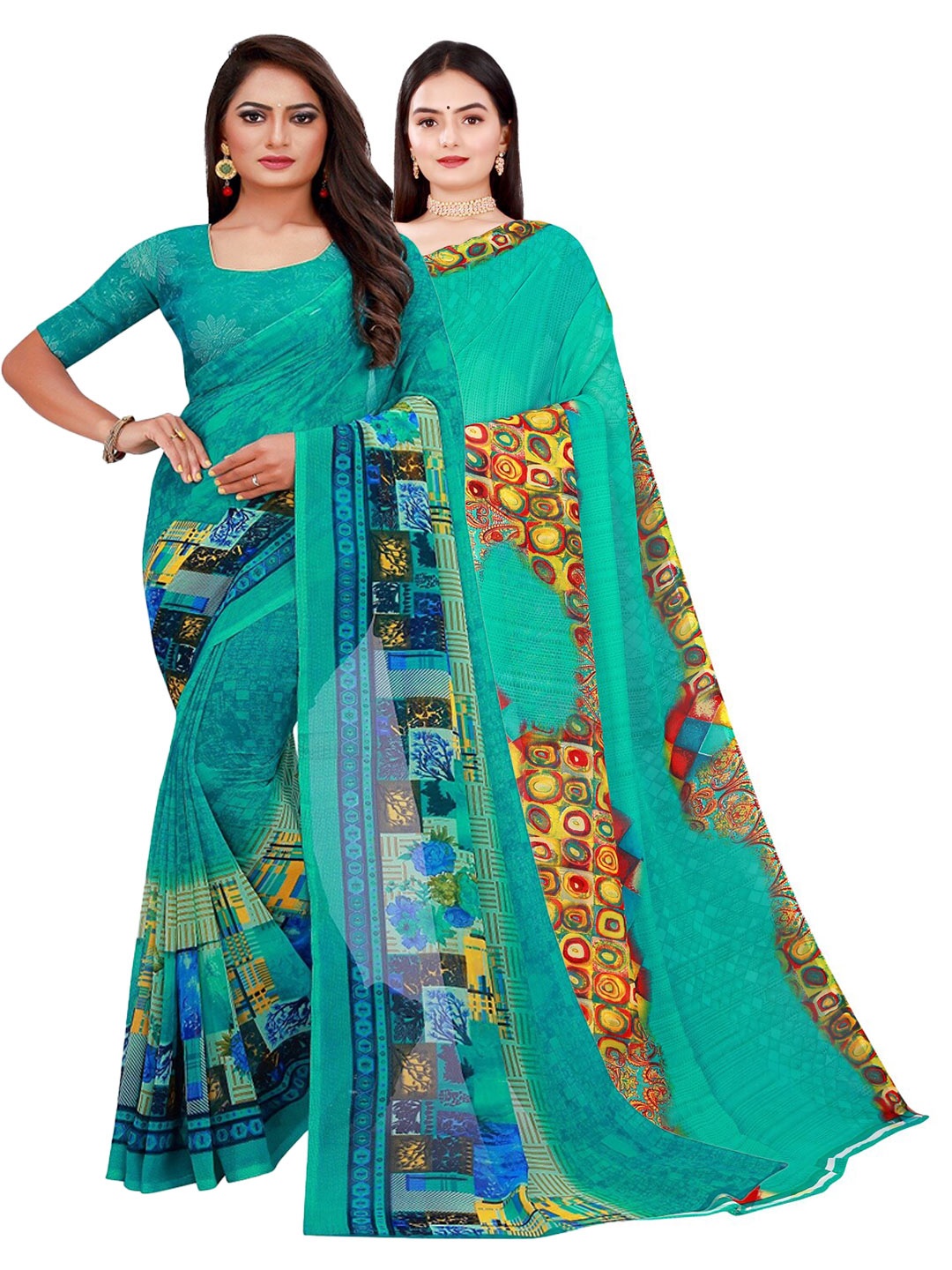 

KALINI Pack of 2 Green & Red Printed Pure Georgette Saree