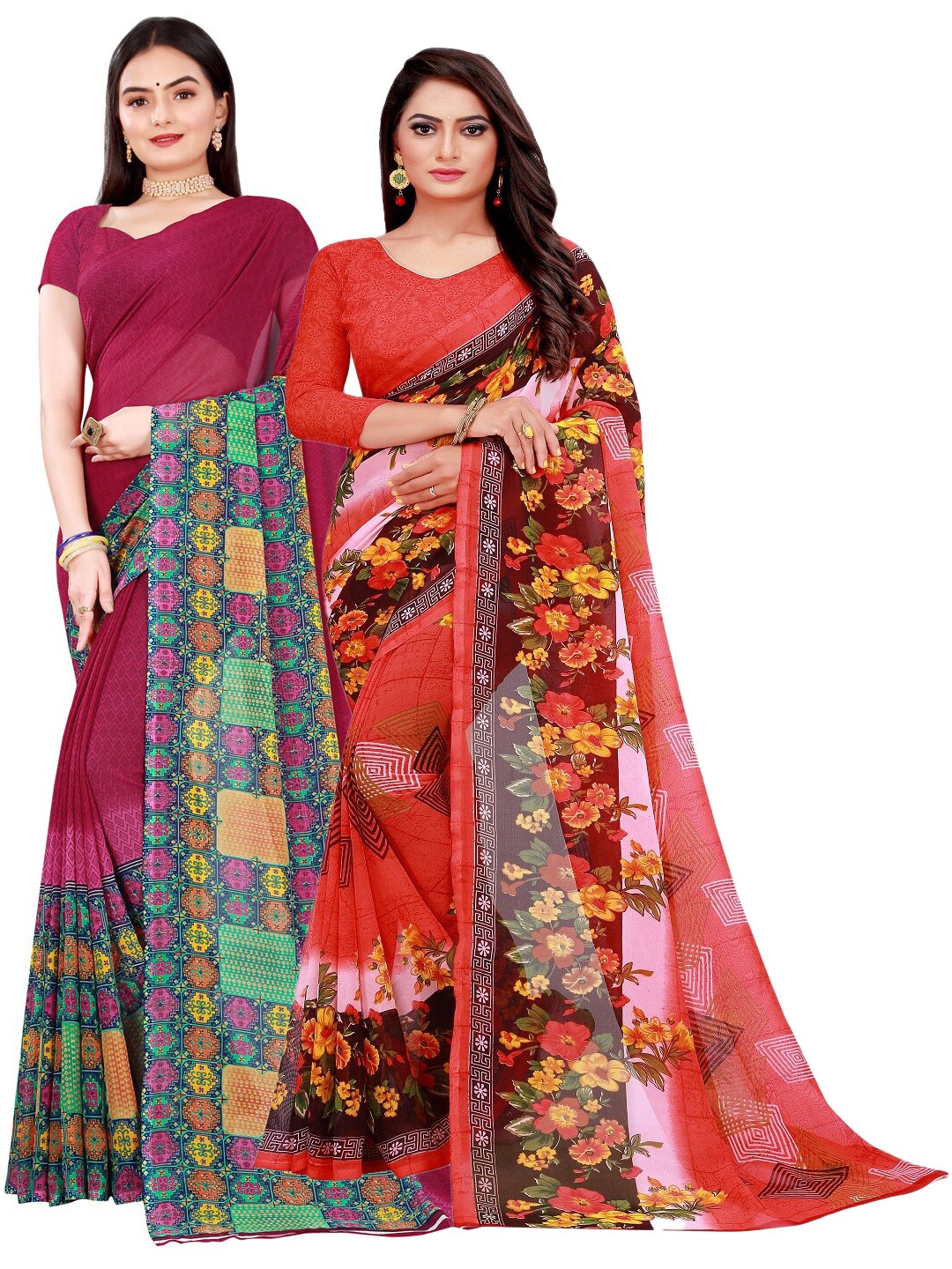 

KALINI Pack Of 2 Peach-Coloured & Pink Pure Georgette Saree