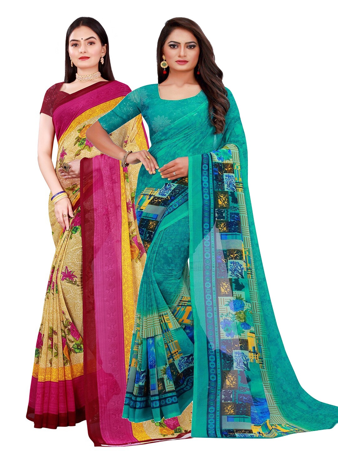 

KALINI Pack Of 2 Green & Beige Pure Georgette Saree