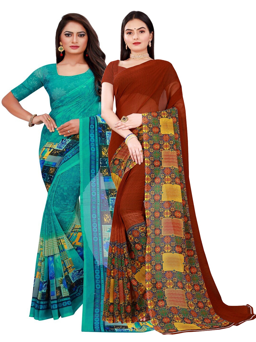 

KALINI Pack of 2 Printed Pure Georgette Sarees, Teal