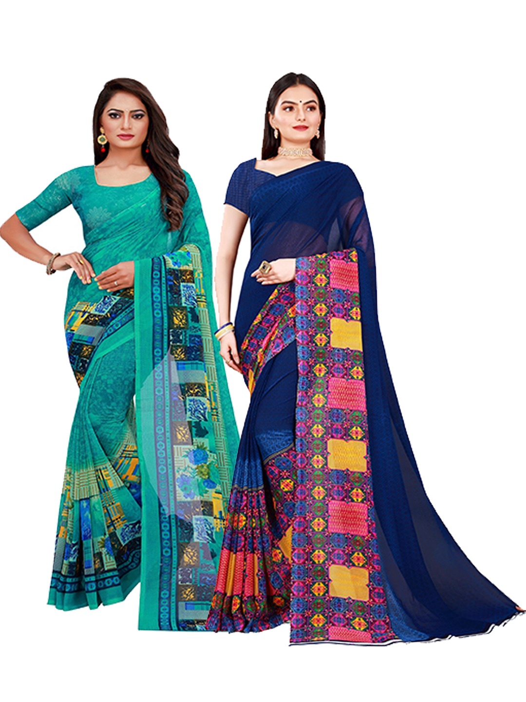 

KALINI Pack of 2 Printed Pure Georgette Sarees, Teal