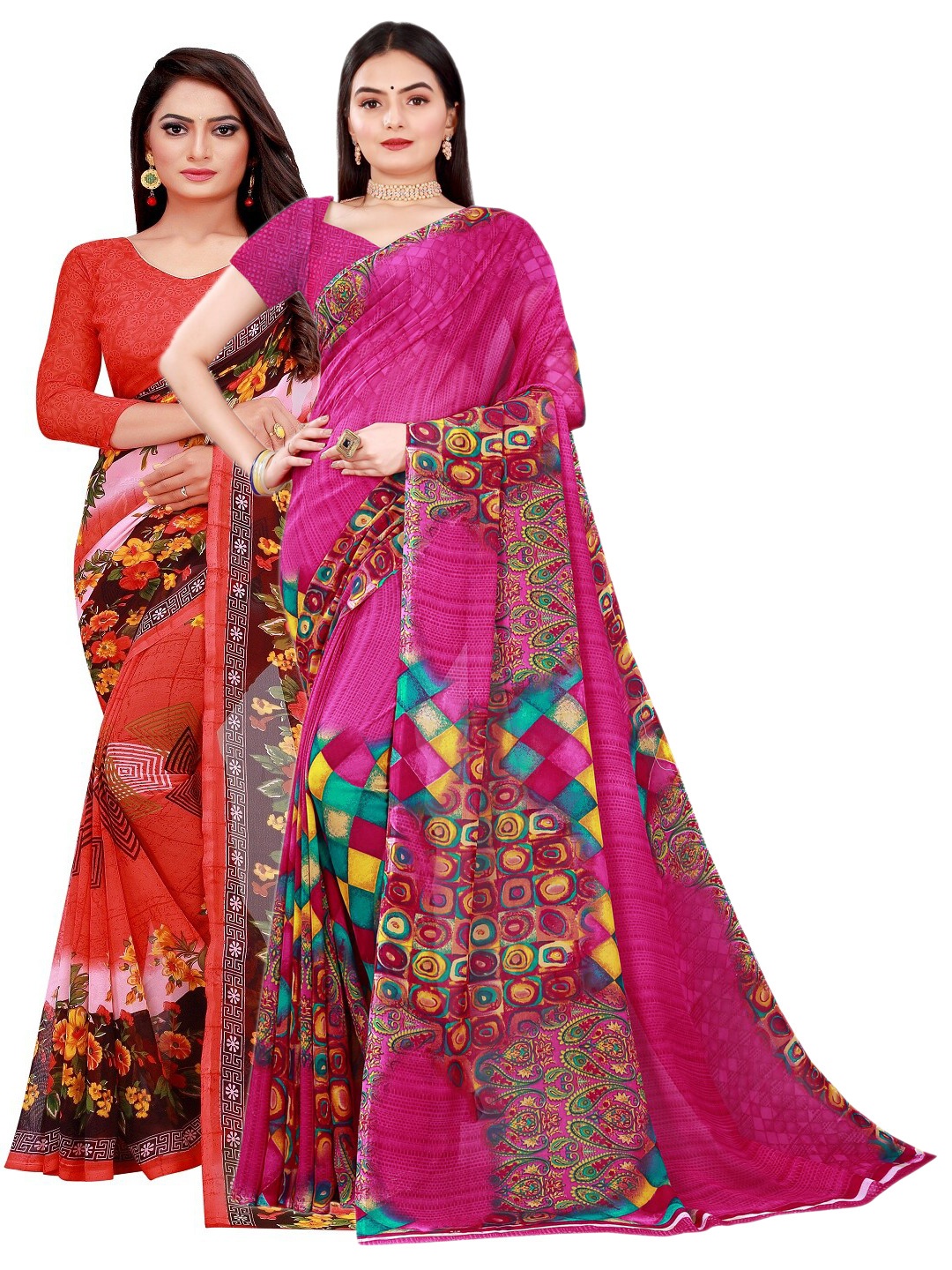 

KALINI Peach-Coloured & Red Set Of 2 Floral Pure Georgette Saree